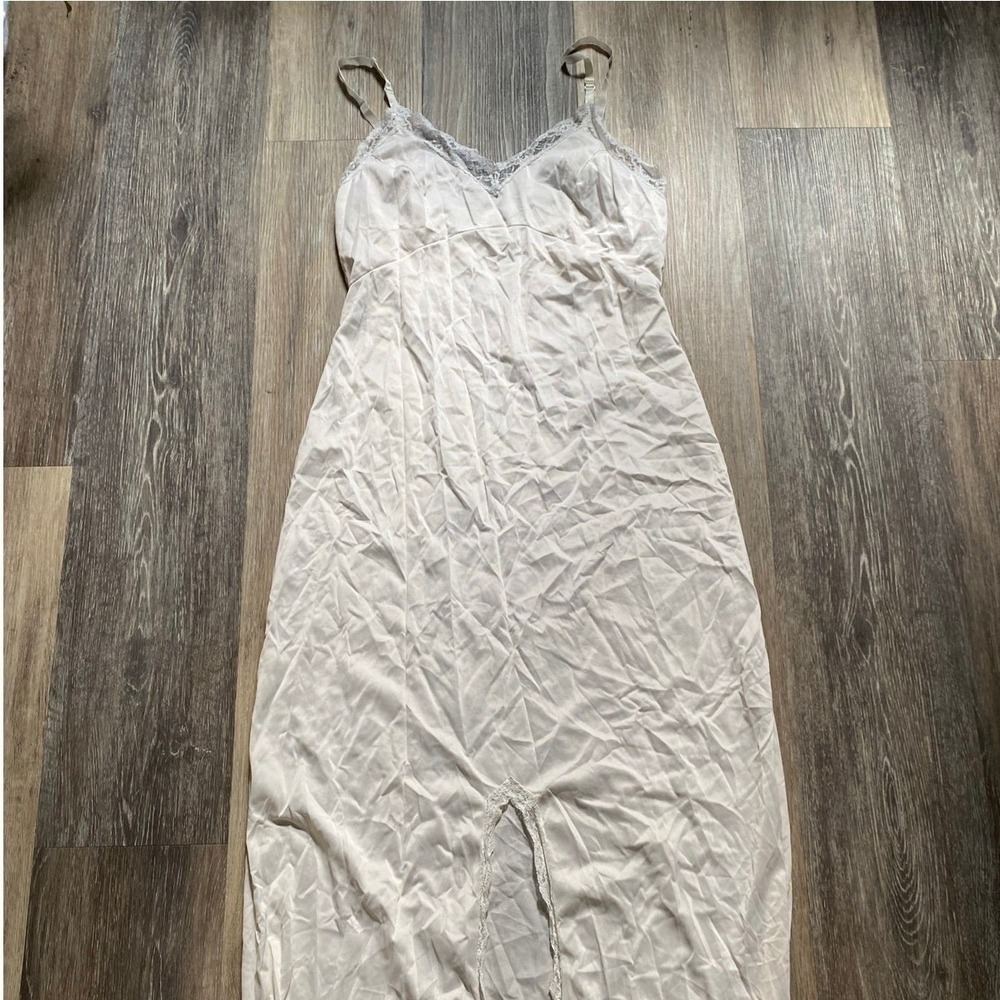 Vintage Silky Lace Sheer Slit Long Slip Dress‎ Medium Boudoir Lingerie Feminine